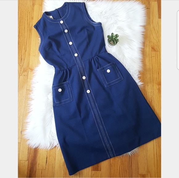 Vintage Dresses & Skirts - Vintage Fall Navy Button Up Pocket Dress